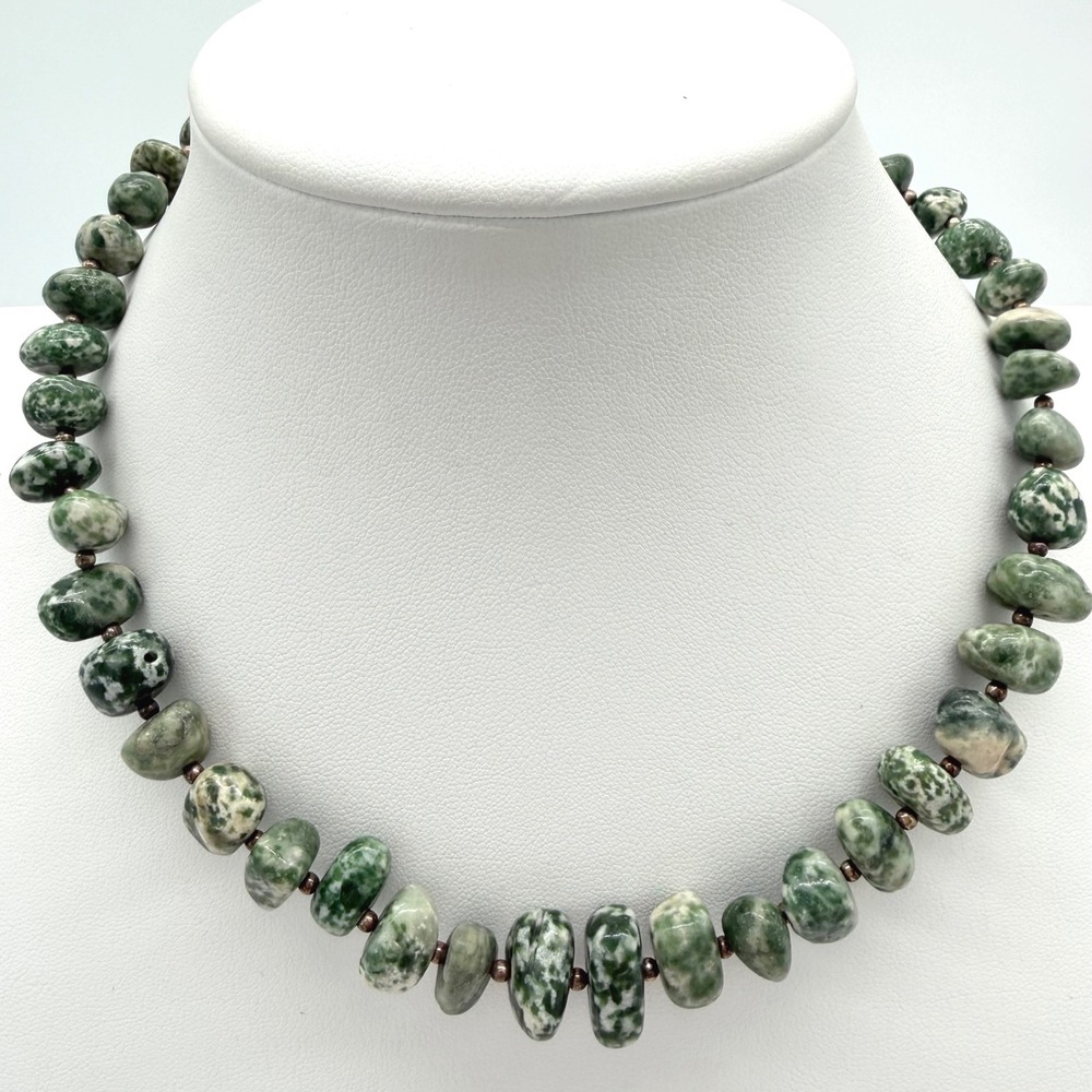 Vintage Green White Stone Bead Necklace Mottled Jasper Agate Toggle Statement